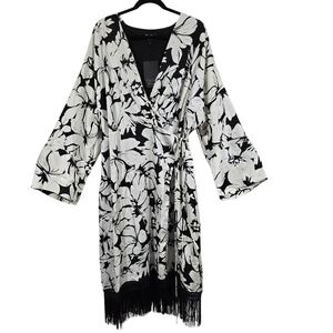 Fate Black and White Floral Wrap Dress with Fringe NWT